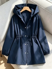 SHEIN Sparklyn Teen Girl Drawstring Waist Hooded Jacket, Button‑Front Lightweight Windbreaker, Casual Commuter Fall Winter Daily Outerwear - Navy Blue - View 1