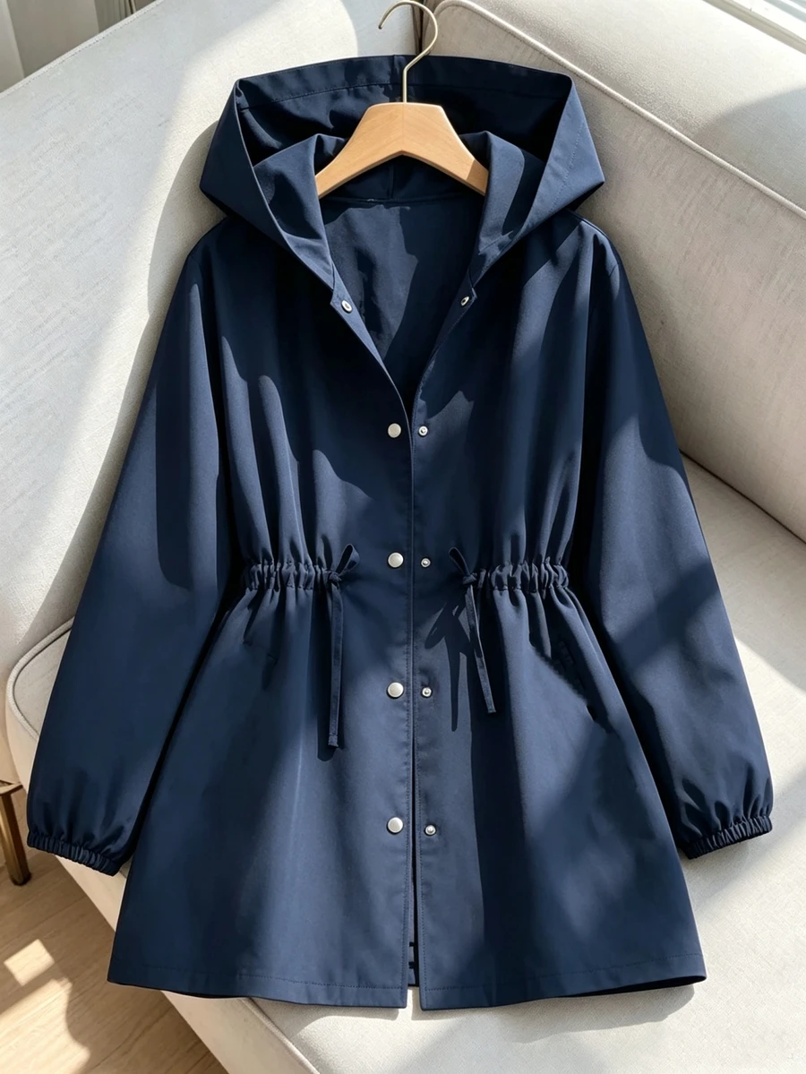 SHEIN Sparklyn Teen Girl Drawstring Waist Hooded Jacket, Button‑Front Lightweight Windbreaker, Casual Commuter Fall Winter Daily Outerwear - Navy Blue - View 1