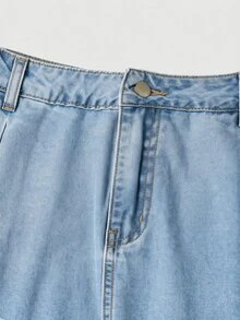SHEIN MOD 女士纽扣褶裥休闲百搭约会外出牛仔迷你裙 - 淺色水洗藍 - 查看 3
