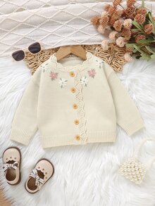 Souflis Souflis 女嬰花卉刺繡針織開襟毛衣，柔軟舒適鈕扣前襟，蕾絲飾邊，甜美復古風幼兒秋冬款 - 米色 - 查看 5