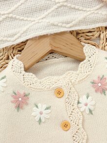 Souflis Souflis 女嬰花卉刺繡針織開襟毛衣，柔軟舒適鈕扣前襟，蕾絲飾邊，甜美復古風幼兒秋冬款 - 米色 - 查看 6