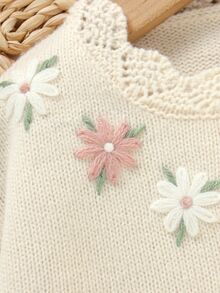 Souflis Souflis 女嬰花卉刺繡針織開襟毛衣，柔軟舒適鈕扣前襟，蕾絲飾邊，甜美復古風幼兒秋冬款 - 米色 - 查看 4