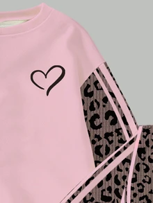 SHEIN Elladie kids 秋冬女童幼兒清新鏤空愛心粉色豹紋條紋設計基礎圓領衛衣與內搭褲套裝 - 彩色 - 查看 6