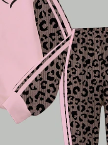 SHEIN Elladie kids 秋冬女童幼兒清新鏤空愛心粉色豹紋條紋設計基礎圓領衛衣與內搭褲套裝 - 彩色 - 查看 8