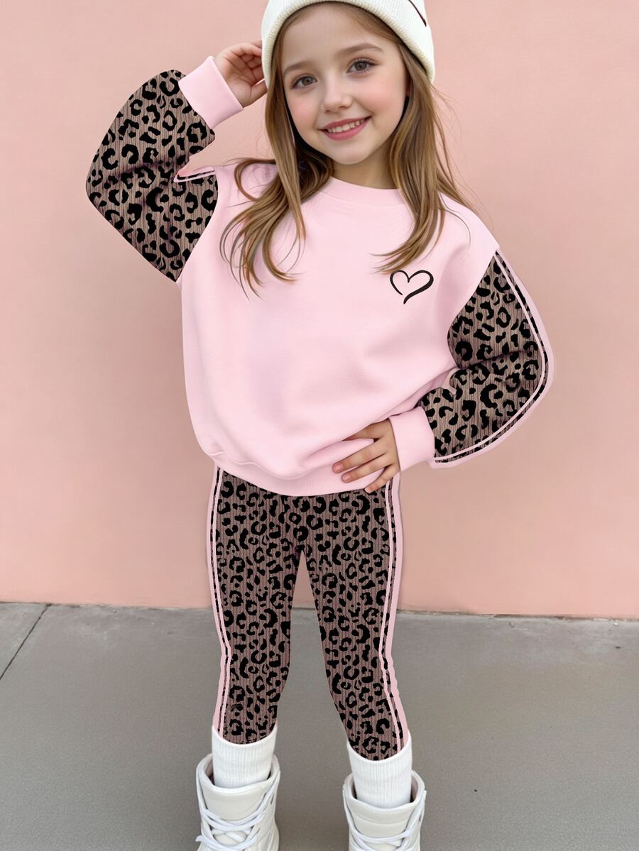 SHEIN Elladie kids 秋冬女童幼兒清新鏤空愛心粉色豹紋條紋設計基礎圓領衛衣與內搭褲套裝 - 彩色 - 查看 1