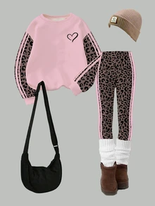 SHEIN Elladie kids 秋冬女童幼兒清新鏤空愛心粉色豹紋條紋設計基礎圓領衛衣與內搭褲套裝 - 彩色 - 查看 5