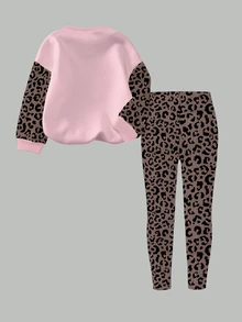 SHEIN Elladie kids 秋冬女童幼兒清新鏤空愛心粉色豹紋條紋設計基礎圓領衛衣與內搭褲套裝 - 彩色 - 查看 2