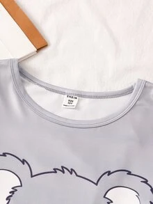 SHEIN Tween女孩可愛灰色無尾熊印花圓領長袖上衣與滿版長褲休閒懶人居家服2件套，柔軟舒適室內穿著，適合秋冬 - 灰色 - 查看 3