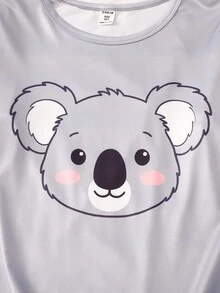 SHEIN Tween女孩可愛灰色無尾熊印花圓領長袖上衣與滿版長褲休閒懶人居家服2件套，柔軟舒適室內穿著，適合秋冬 - 灰色 - 查看 4