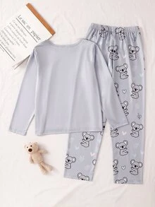 SHEIN Tween女孩可愛灰色無尾熊印花圓領長袖上衣與滿版長褲休閒懶人居家服2件套，柔軟舒適室內穿著，適合秋冬 - 灰色 - 查看 2