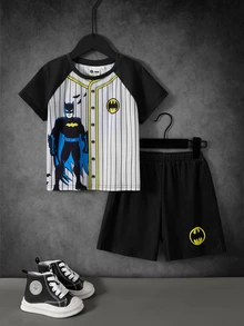 BATMAN X SHEIN Young Boy Striped Raglan Short Sleeve T-Shirt And Shorts Casual Set BATMA - Multicolor - View 3