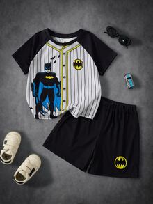 BATMAN X SHEIN Young Boy Striped Raglan Short Sleeve T-Shirt And Shorts Casual Set BATMA - Multicolor - View 1