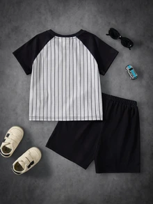 BATMAN X SHEIN Young Boy Striped Raglan Short Sleeve T-Shirt And Shorts Casual Set BATMA - Multicolor - View 2