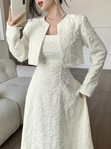 Modelyn Petite 女款優雅法式提花開襟衫與洋裝套裝，白色婚禮晚宴約會茶會秋季婚禮 - 杏色 - 查看 6
