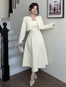 Modelyn Petite 女款優雅法式提花開襟衫與洋裝套裝，白色婚禮晚宴約會茶會秋季婚禮 - 杏色 - 查看 4