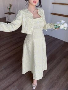 Modelyn Petite 女款優雅法式提花開襟衫與洋裝套裝，白色婚禮晚宴約會茶會秋季婚禮 - 杏色 - 查看 9