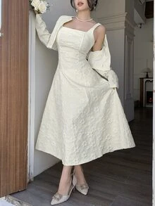 Modelyn Petite 女款優雅法式提花開襟衫與洋裝套裝，白色婚禮晚宴約會茶會秋季婚禮 - 杏色 - 查看 7