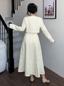 Modelyn Petite 女款優雅法式提花開襟衫與洋裝套裝，白色婚禮晚宴約會茶會秋季婚禮 - 杏色 - 查看 3