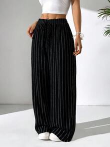 SHEIN PETITE CURVE 大码休闲条纹阔腿裤 - 黑色 - 查看 6