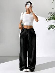 SHEIN PETITE CURVE 大码休闲条纹阔腿裤 - 黑色 - 查看 4