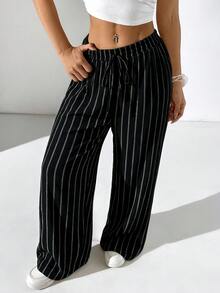 SHEIN PETITE CURVE 大码休闲条纹阔腿裤 - 黑色 - 查看 5
