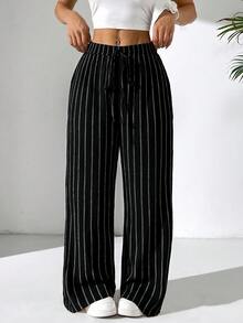 SHEIN PETITE CURVE 大码休闲条纹阔腿裤 - 黑色 - 查看 3