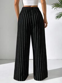 SHEIN PETITE CURVE 大码休闲条纹阔腿裤 - 黑色 - 查看 2
