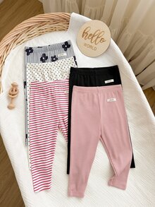 SHEIN 5件組女嬰彈性打底褲 可愛圖案舒適長褲 - 彩色 - 查看 3