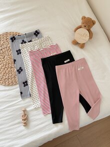 SHEIN 5件組女嬰彈性打底褲 可愛圖案舒適長褲 - 彩色 - 查看 6