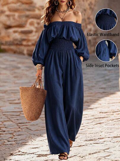 SHEIN Women's Navy Blue Elastic Off-Shoulder Long Sleeve Jumpsuit, Autumn/Winter Wear, Holiday, Beach Vacation, Outing, Commute, Elegant Boho Party, Casual