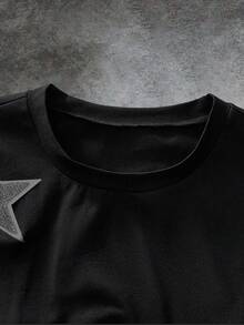 Mainfolk Men's Plus Size Star Embroidered Black T-Shirt, Summer - Black - View 4