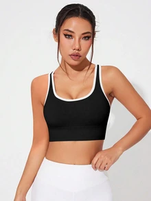 Solea Cove Solea Cove Women's Colorblock Criss-Cross Back Sports Bra/Seamless/Button-Up/Shoulder Strap - Black - View 3