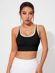 Solea Cove Solea Cove Women's Colorblock Criss-Cross Back Sports Bra/Seamless/Button-Up/Shoulder Strap - Black - View 2