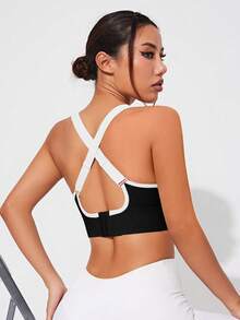 Solea Cove Solea Cove Women's Colorblock Criss-Cross Back Sports Bra/Seamless/Button-Up/Shoulder Strap - Black - View 5