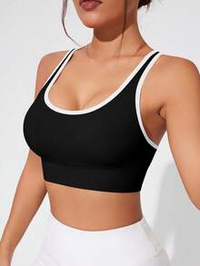 Solea Cove Solea Cove Women's Colorblock Criss-Cross Back Sports Bra/Seamless/Button-Up/Shoulder Strap - Black - View 4