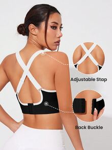 Solea Cove Solea Cove Women's Colorblock Criss-Cross Back Sports Bra/Seamless/Button-Up/Shoulder Strap - Black - View 6