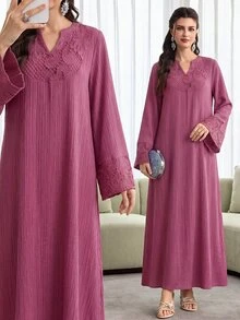 Al Najma Spring/Autumn V-Neck Embroidered Patchwork Textured Rose Red Dress Fall/Winter Casual National Day Going Out Baggy - Hot Pink - View 7
