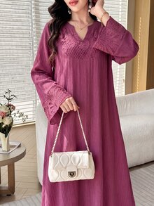 Al Najma Spring/Autumn V-Neck Embroidered Patchwork Textured Rose Red Dress Fall/Winter Casual National Day Going Out Baggy - Hot Pink - View 5