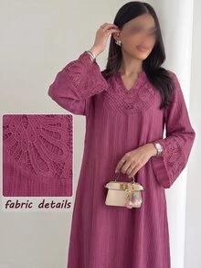 Al Najma Spring/Autumn V-Neck Embroidered Patchwork Textured Rose Red Dress Fall/Winter Casual National Day Going Out Baggy - Hot Pink - View 4