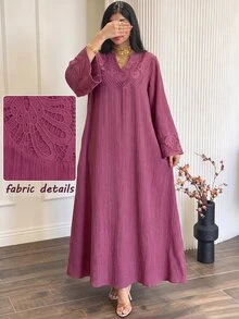 Al Najma Spring/Autumn V-Neck Embroidered Patchwork Textured Rose Red Dress Fall/Winter Casual National Day Going Out Baggy - Hot Pink - View 3