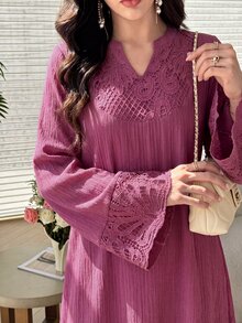 Al Najma Spring/Autumn V-Neck Embroidered Patchwork Textured Rose Red Dress Fall/Winter Casual National Day Going Out Baggy - Hot Pink - View 1
