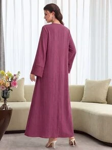 Al Najma Spring/Autumn V-Neck Embroidered Patchwork Textured Rose Red Dress Fall/Winter Casual National Day Going Out Baggy - Hot Pink - View 2
