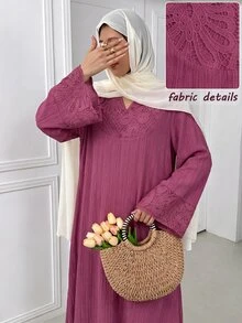 Al Najma Spring/Autumn V-Neck Embroidered Patchwork Textured Rose Red Dress Fall/Winter Casual National Day Going Out Baggy - Hot Pink - View 6