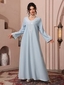 Al Najma Women's Loose Embroidered Beaded Robe For Ramadan - Dusty Blue - View 4