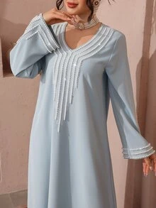 Al Najma Women's Loose Embroidered Beaded Robe For Ramadan - Dusty Blue - View 6