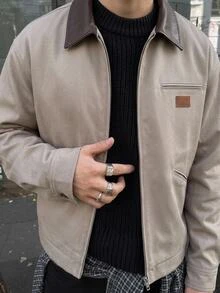 HIMLAND Men's Woven Fitted Regular Shoulder Colorblock Patchwork Long Sleeve Casual Shacket, Suitable For Autumn/Winter - Khaki - View 12