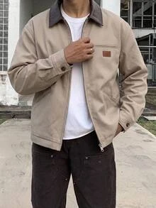 HIMLAND Men's Woven Fitted Regular Shoulder Colorblock Patchwork Long Sleeve Casual Shacket, Suitable For Autumn/Winter - Khaki - View 13