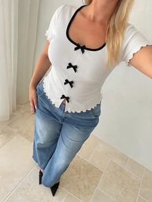 Auralis Plus Size French Bow Decor Contrast Color Short Sleeve T-Shirt - White - View 4