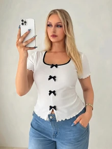 Auralis Plus Size French Bow Decor Contrast Color Short Sleeve T-Shirt - White - View 2