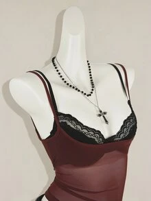 SHEIN ICON 两件套女士红色薄纱吊带背心，搭配黑色蕾丝细肩带文胸 - 彩色 - 查看 6